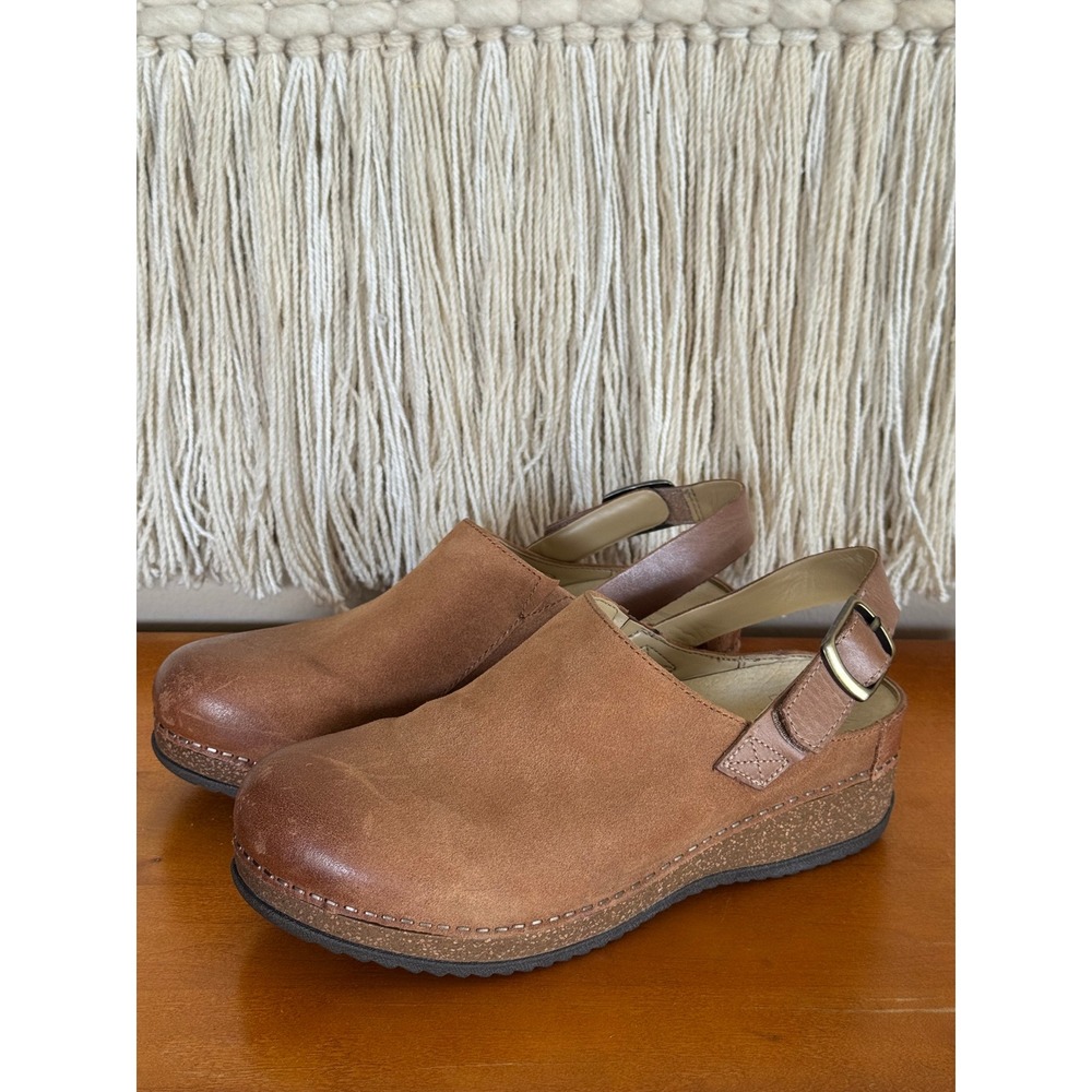 Dansko Merrin Tan Burnished Suede Heel Strap Hook & Loop Cork Mule Clog Size 38